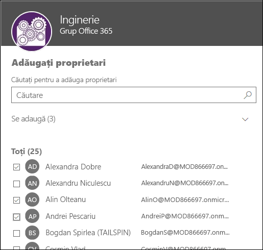 Utilizați această casetă de dialog pentru a selecta până la 10 proprietari pentru a vă gestiona grupul