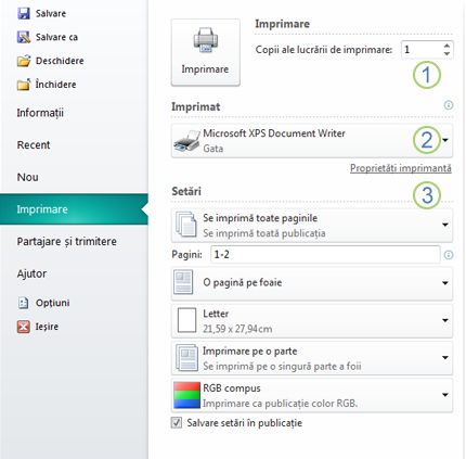 Setări de imprimare în Publisher 2010