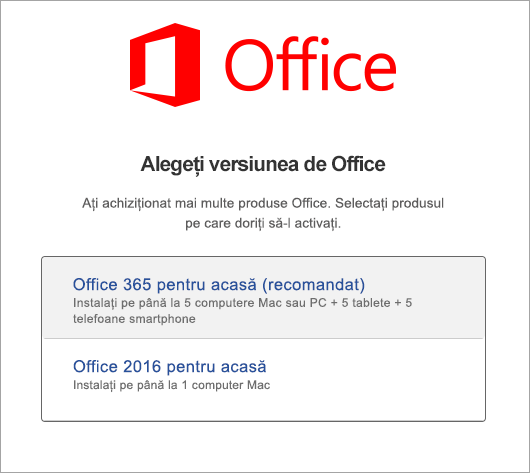 Alegeți tipul de licență Office 2016 pentru Mac