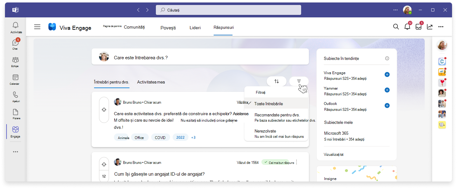 Vizualizarea funcționalității de filtrare pentru Answers în Viva Engage
