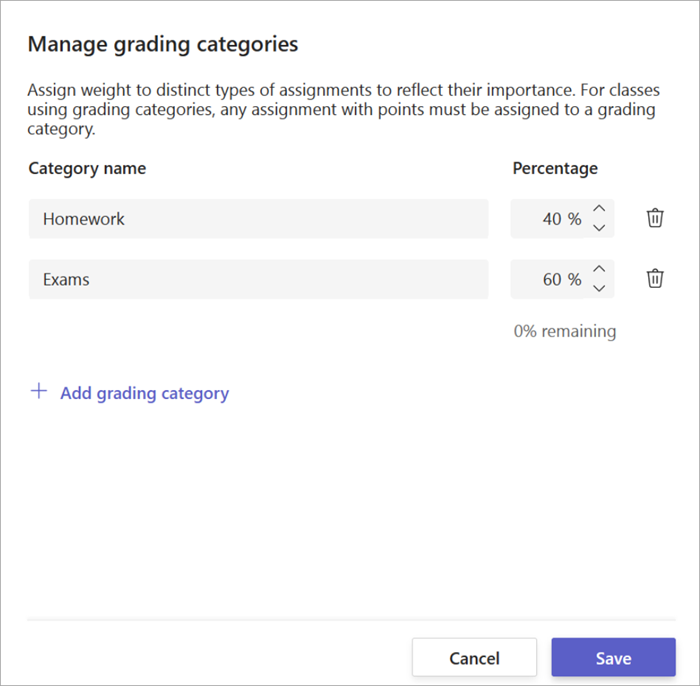 screenshot of grading categories window showing 2 categories, homework for 40% and exams for 60%