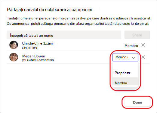 Captură de ecran care arată cum să schimbați un membru al canalului cu un proprietar de canal