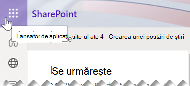 Simbolul lansator de aplicații constă din nouă puncte pătrate mici, amplasate lângă colțul din dreapta sus al ferestrei aplicației SharePoint.