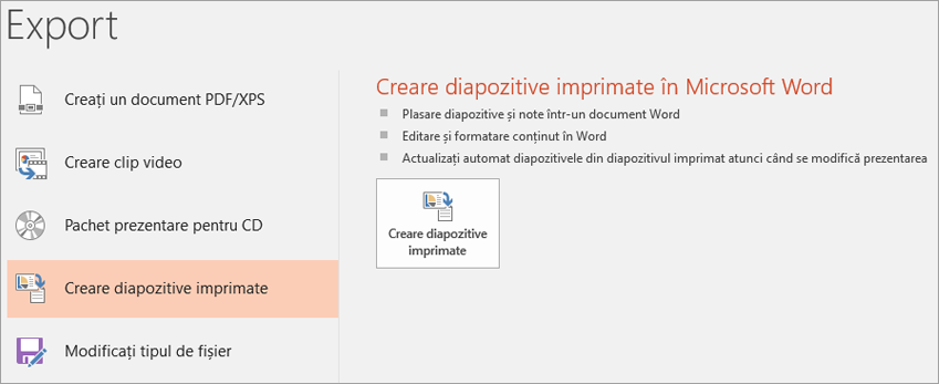 Screen clip of PowerPoint user interface showing File > Export > Create Handouts.