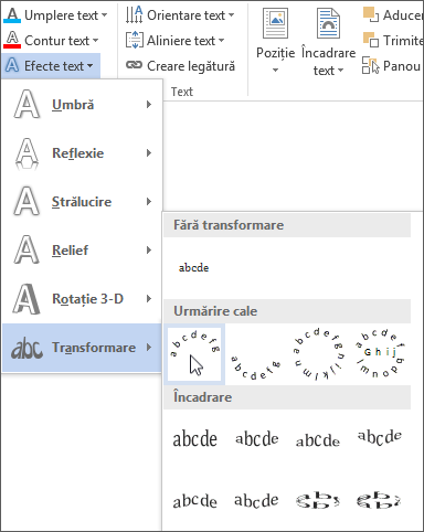 Selectați un efect de transformare curbat pentru text