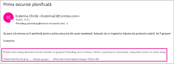 Toate mesajele de e-mail primite de invitat de la membrii grupului vor avea un subsol cu instrucțiuni și linkuri