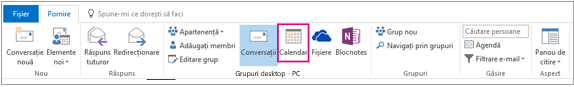 Butonul Calendar din panglica grupuri din Outlook