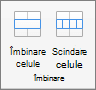 Captura de ecran afișează grupul Îmbinare disponibil pe fila Aspect tabel, cu opțiunile Îmbinare celule și Scindare celule.