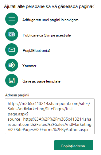Puteți să copiați adresa paginii noi, apoi să o partajați cu alte persoane.