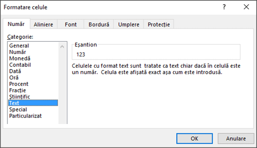 Caseta de dialog Formatare celule care afișează fila Număr și opțiunea Text bifată