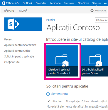 Dala Distribuiți aplicații pentru SharePoint pe un site Catalog de aplicații