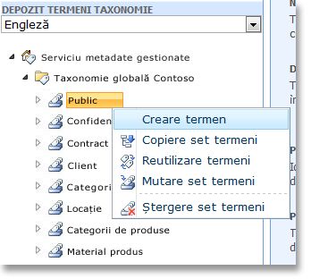 Acțiuni de afișare a meniurilor ce pot fi efectuate pentru un set de termeni