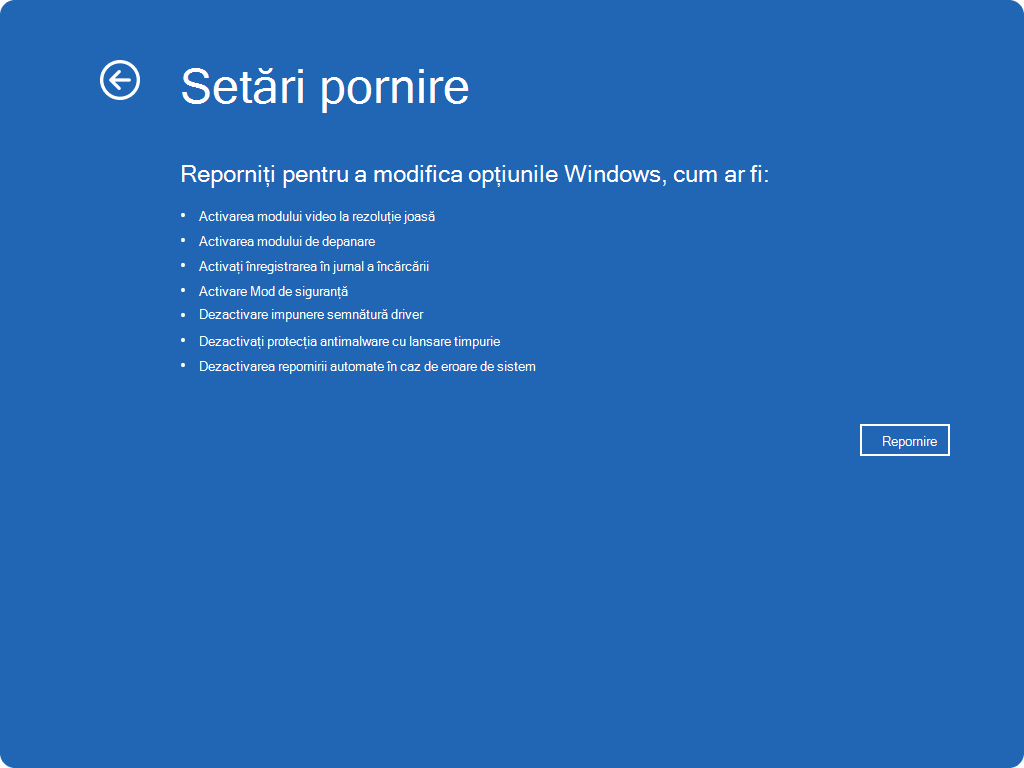 Captură de ecran cu Windows RE - setări de pornire.