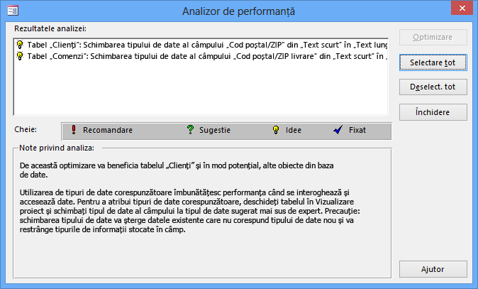 Caseta de dialog cu rezultatele Analizorului de performanță după ce rulează pe o bază de date Access.