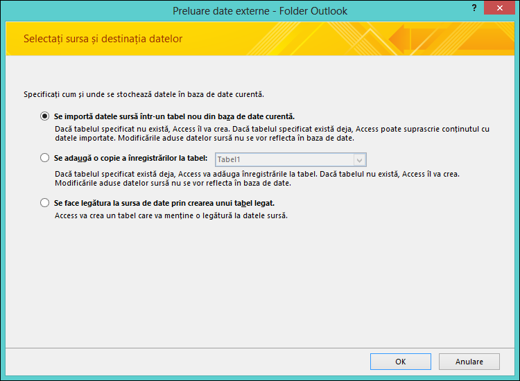 Selectați pentru a importa, a adăuga sau a crea o legătură la un folder Outlook.