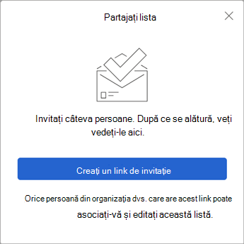 Atunci când selectați Partajare listă, De făcut creează un link de invitație pentru a-l trimite altor persoane.