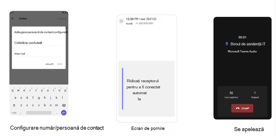 Trei imagini care arată pașii configurării unui telefon pentru a seta automat un număr setat. Prima imagine afișează un câmp pentru a adăuga un număr de apelat automat atunci când preluați receptorul telefonului, apoi o imagine care spune să ridicați receptorul pentru a vă conecta automat la Biroul de asistență IT, apoi o imagine care vă arată conectat la un apel activ cu biroul de asistență IT