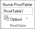 Opțiuni PivotTable în panglică