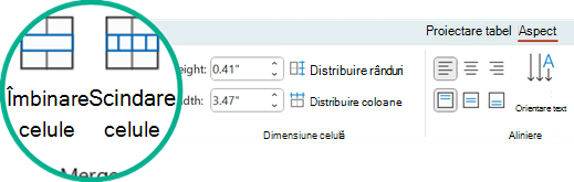 Comenzile Îmbinare celule și Scindare celule se află pe fila Aspect din PowerPoint.
