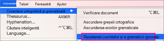 Pentru a goli listele de cuvinte și de gramatică ignorate de Word, faceți clic pe Reinițializare cuvinte și gramatică ignorate.