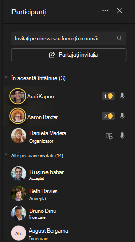 Imagine afișând participanții în partea stângă a ecranului cu pictograme de ridicare manuală.