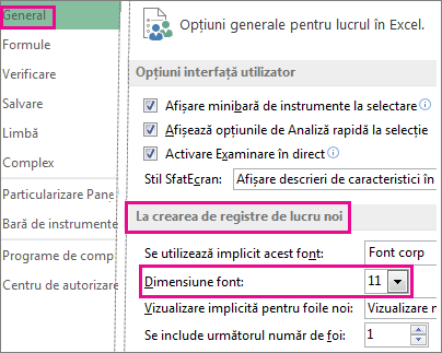 Opțiuni în caseta de dialog General