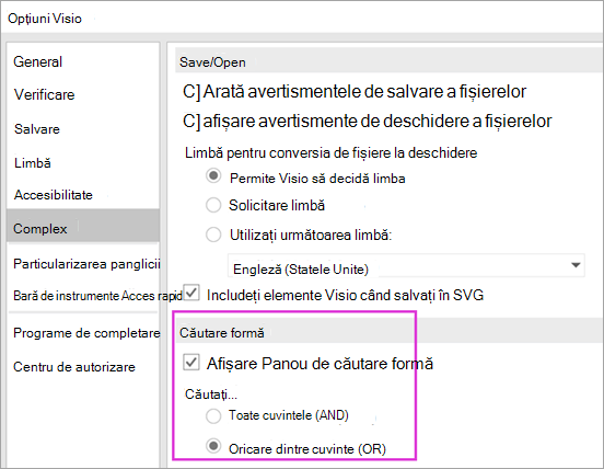 Opțiuni Visio \ Complex \ Setări căutare formă