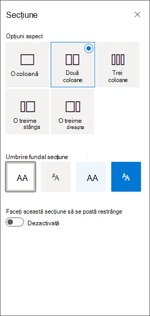 captură de ecran a panoului de formatare a secțiunii