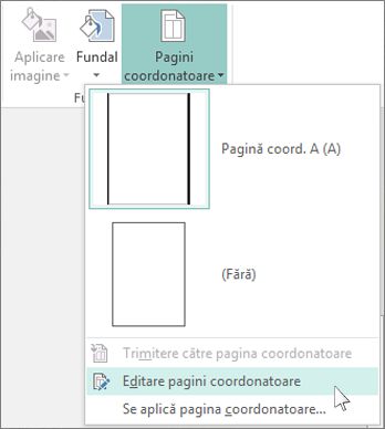 Captură de ecran cu lista verticală Editare pagini coordonatoare din Publisher.