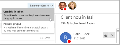 Butonul Dezabonare din antetul grupurilor din Outlook 2016