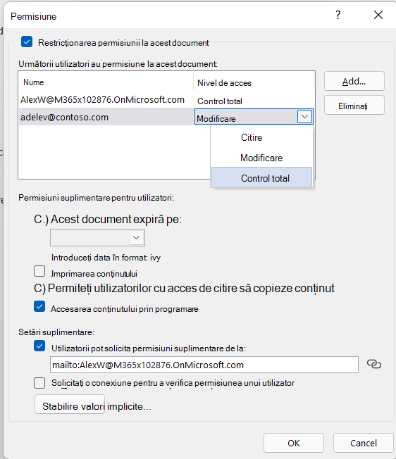 Caseta de dialog Mai multe opțiuni a setărilor IRM afișând opțiuni suplimentare pentru controlul accesului la un fișier.