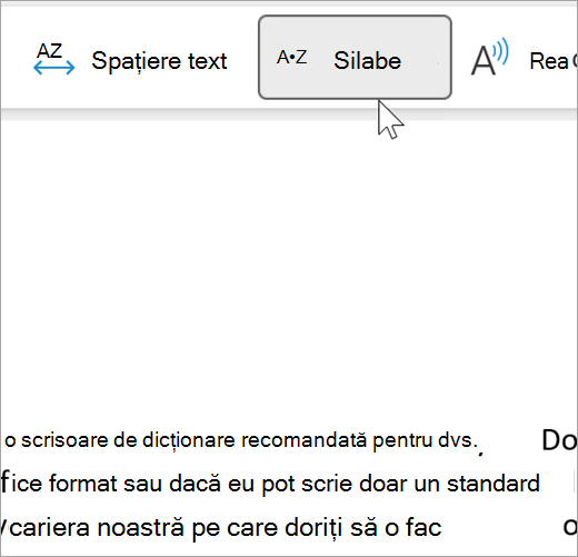 Captură de ecran a caracteristicii Silabe din Immersive Reader selectată și afișând câteva cuvinte într-un mesaj de e-mail separat în silabe. the word recommendation is shown as rec dot om dot men dot da dot tion