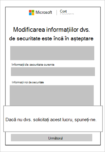 Captură de ecran cu informațiile de securitate în așteptare și o explicație care afișează anularea acestei solicitări