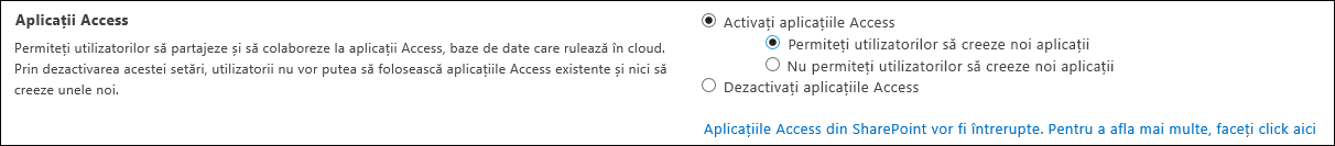 Captură de ecran cu setări de aplicație Access pe pagina centrului de administrare SharePoint