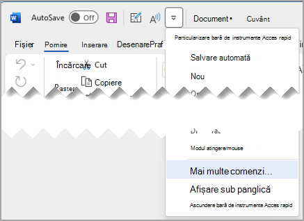 Particularizarea barei de instrumente Acces rapid cu mai multe comenzi evidențiate