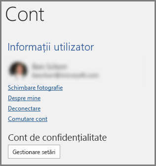 Panoul Cont afișând butonul Confidențialitate cont, Gestionare setări