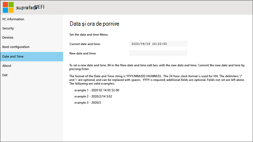 Ecranul cu data și ora pentru Surface UEFI