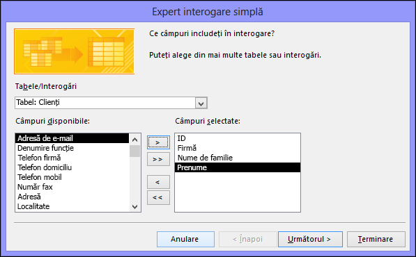 În caseta de dialog Expert interogare simplă, selectați câmpurile pe care doriți să le utilizați.