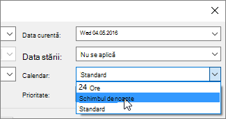 Lista Calendar din caseta de dialog Informații proiect