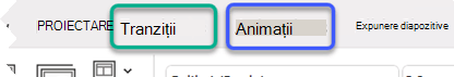 Imagine parțială a panglicii PowerPoint, evidențiind filele Tranziții și Animații.