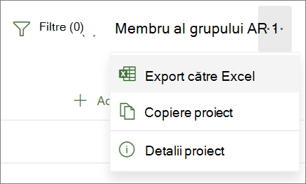 Captură de ecran a meniului din Project pentru web afișând opțiunea Export în Excel