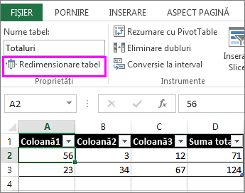 utilizarea opțiunii redimensionare tabel din instrumente tabel