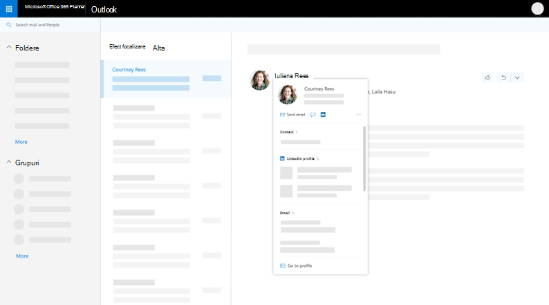 Fișă de profil în vizualizarea Trecere Outlook pe web