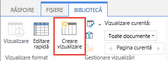 Butonul Creare vizualizare pentru biblioteca SharePoint din panglică.