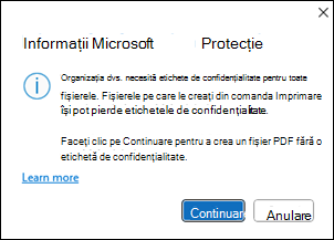 Microsoft Info protection create PDF window