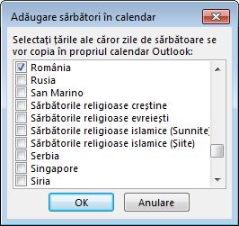 Caseta de dialog Țară/regiune pentru selectarea sărbătorilor