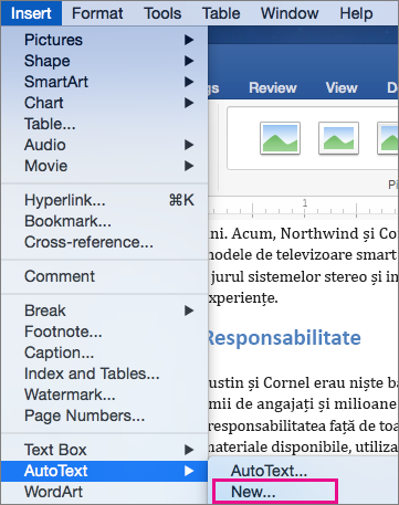 Meniul Inserare cu AutoText > Nou este evidențiat.