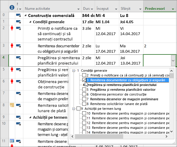 Captură de ecran a meniului vertical al coloanei predecesoare din Project