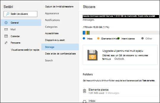 Meniul Stocare pentru Outlook.com.