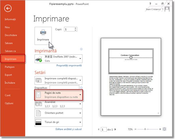 Imprimarea paginilor de note